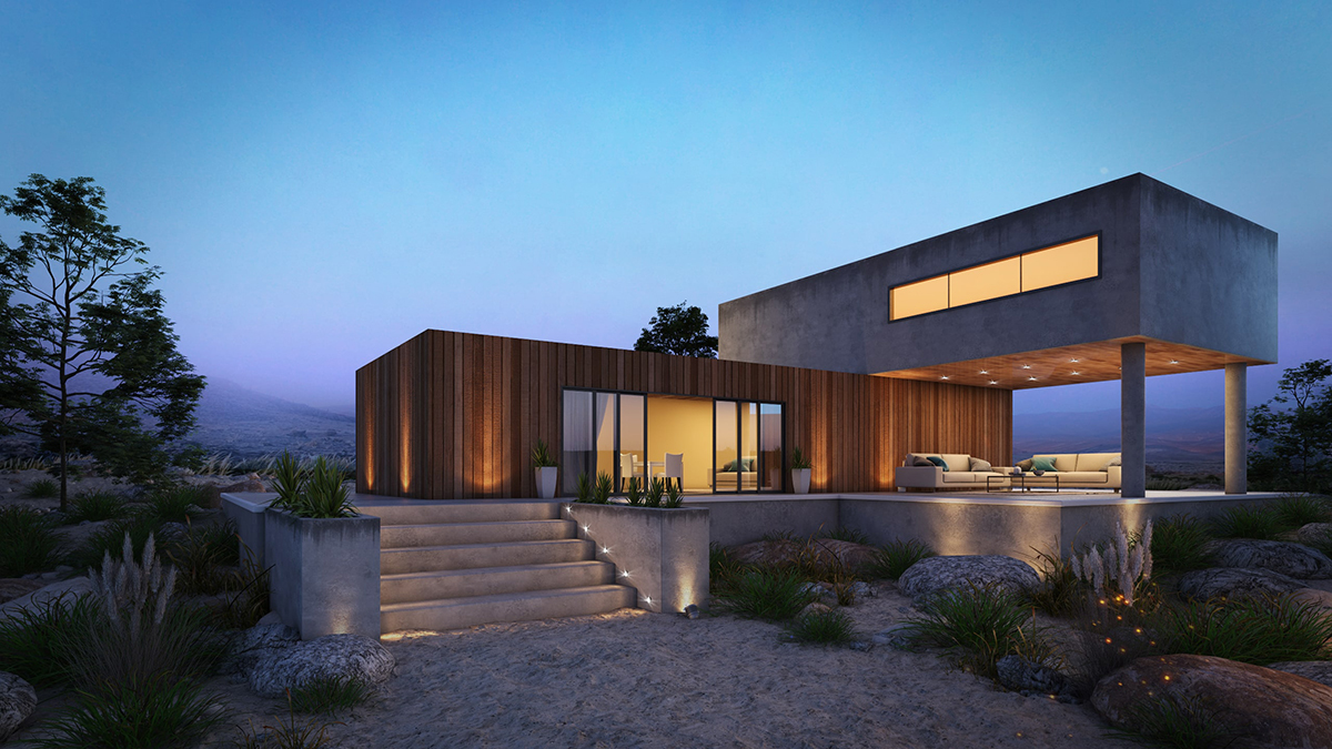 An artist image showing a minimal design home in an arid landscape.