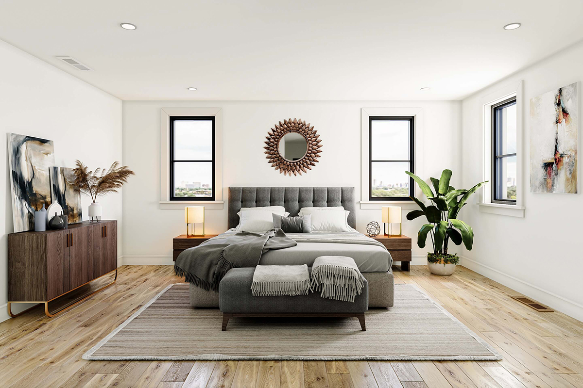 Bedroom interior rendering showing the space, color and asthetics.