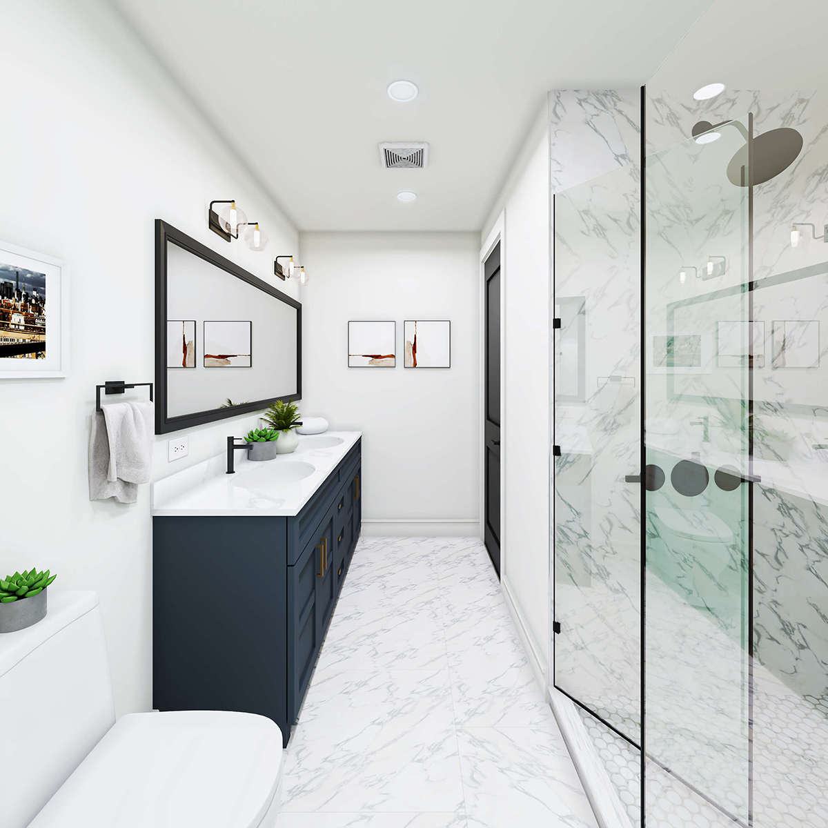 3D rendering of a master bathroom with custom design ordered by the home building firm.