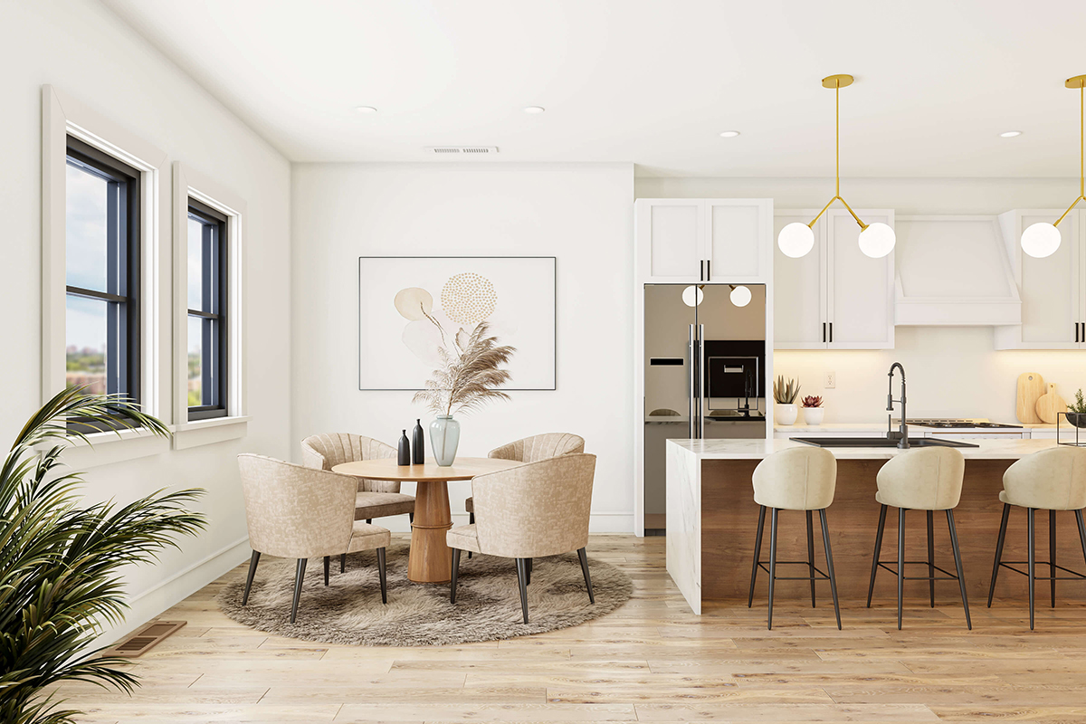 Interior rendering of a dining area of a custom kitchen in an American house.